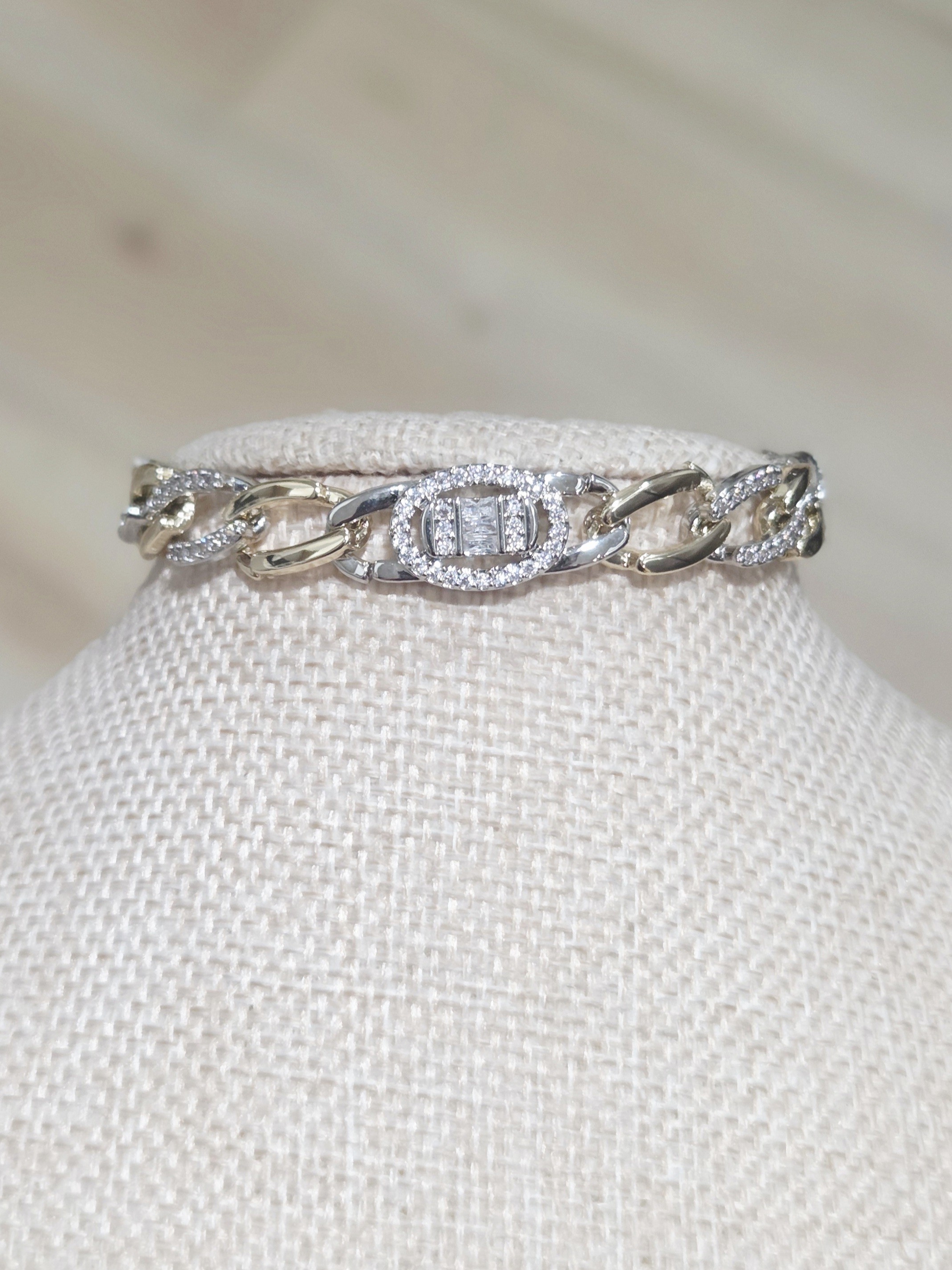 Gold And Silver Pav Link Bracelet With Cubic Zirconia Accents